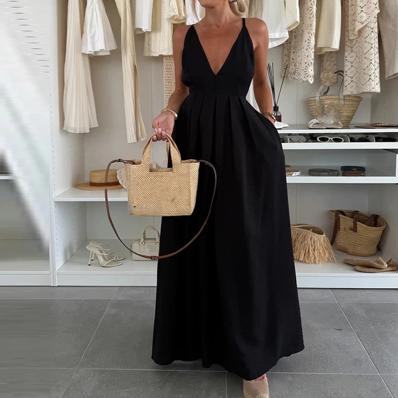 Modna Sukienka Maxi z Wysokim Stanem, Dekoltem w Serek, Plisami, Długa, Elegancka Sukienka Damska Bez Pleców z Wycięciami na Imprezę 2025, Seksowna, Miękka, Jednolita Sukienka Plażowa Maxi