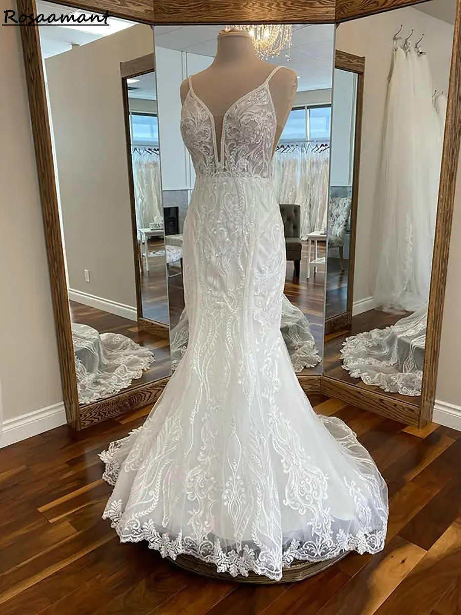 

2025 Illusion Appliques Lace Mermaid Wedding Dresses Spaghetti Straps Sleeveless Country Bridal Gowns