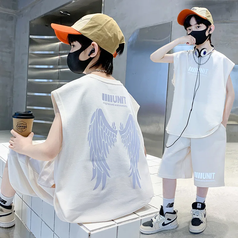 Fashion Boys Clothes Summer Sleeveless Vest & Loose Shorts 2 Pieces Set Teenage Boy Sport Tracksuit Angel Wings Print Outfit