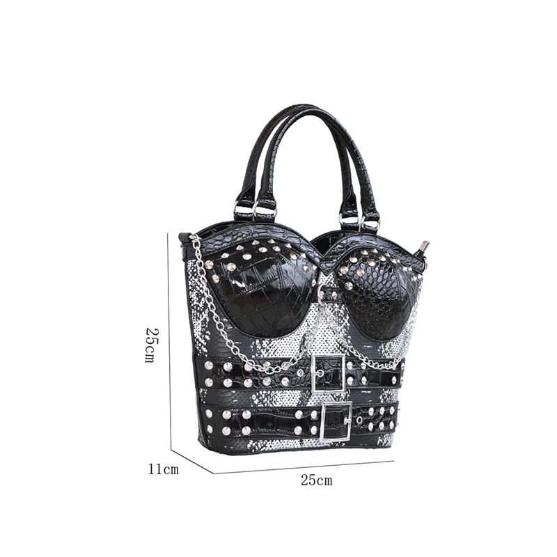 XMESSUN New Y2K Punk Corset Bag for Women,Crocodile Snake Pattern Patchwork Handbag Studded Vest Purse Metal Chain Shoulder Bag