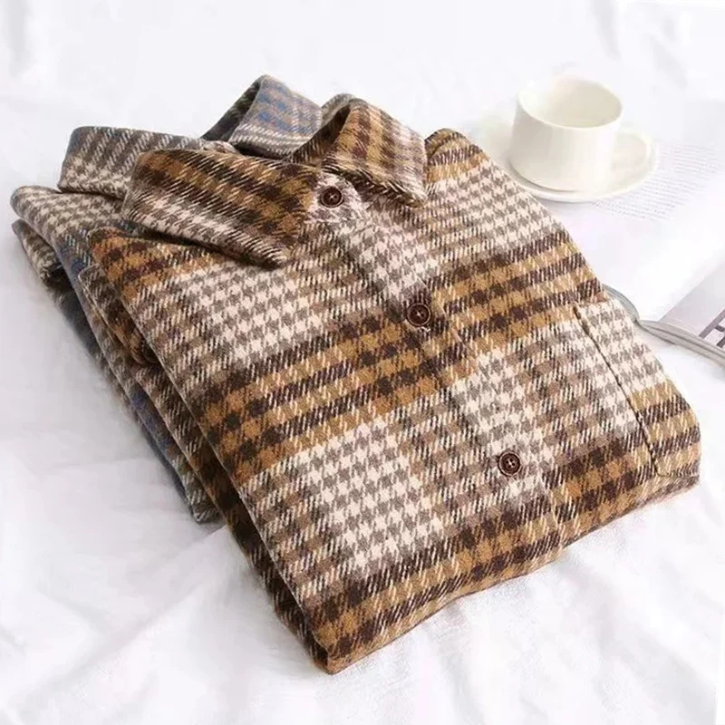 Korean dongdaemun 2024 Spring Autumn Plaid Thicken Woolen Shirts for Women Long Sleeve Lapel Blouses Tops Casual Female Camisas