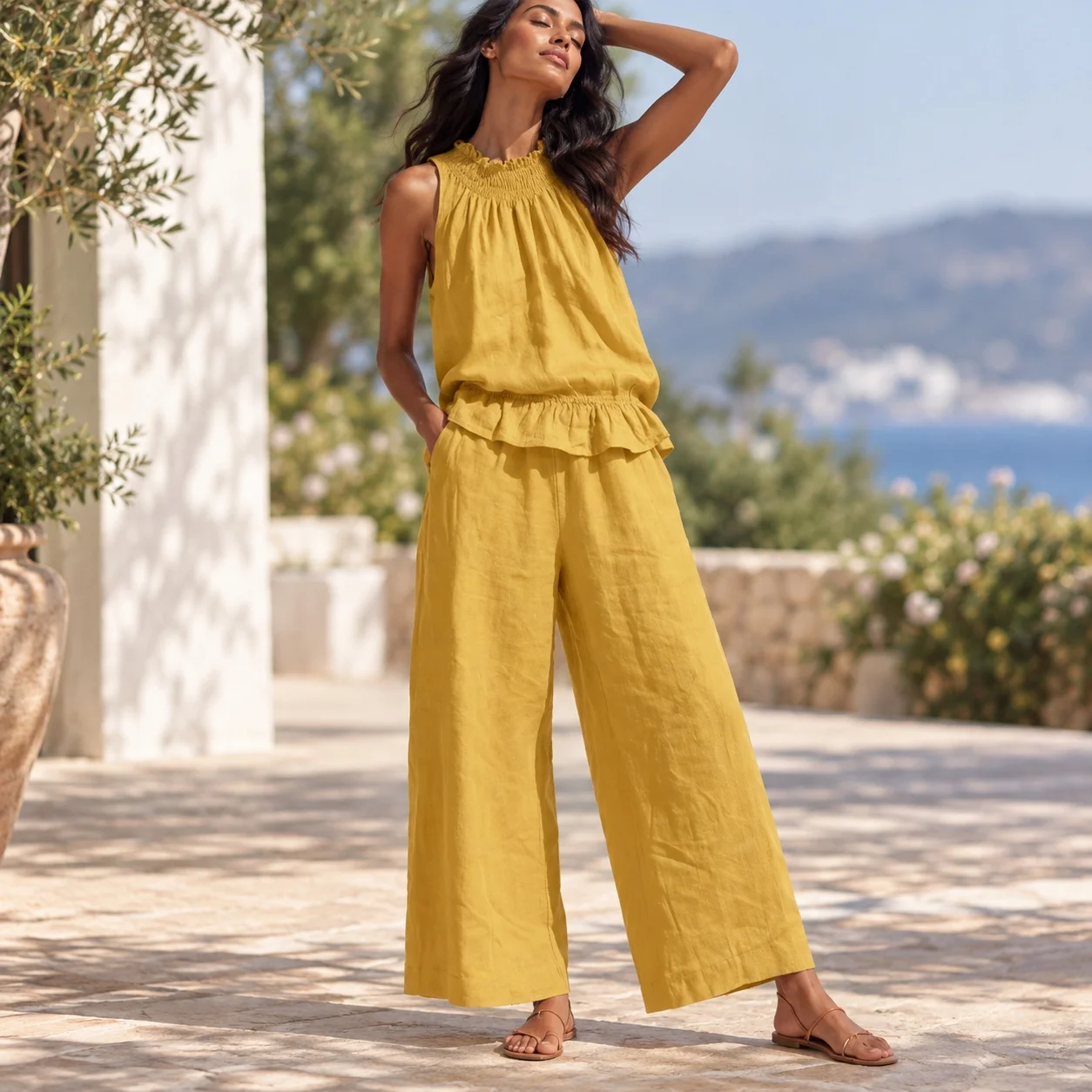 Casual Sets Sleeveless Full Length Fresh and Sweet with Pants T Shirt Spring Ruched Summer Autumn Top Women Sets