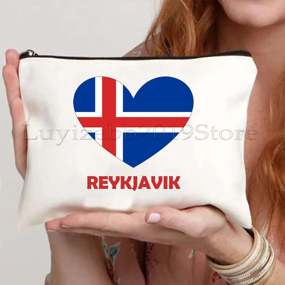 

Iceland Heart Flag Coat of Arms Map Reykjavik Landmark Souvenir Stamp Viking Canvas Cosmetic Makeup Bag Pencil Case Zipper Pouch