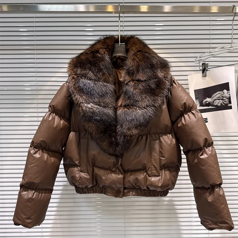 

High Quality Faux Fox Fur Collar Short Cotton Parkas Coat Casual Long Sleeve Women Winter Thick Warm Cotton-Padded Coats Black