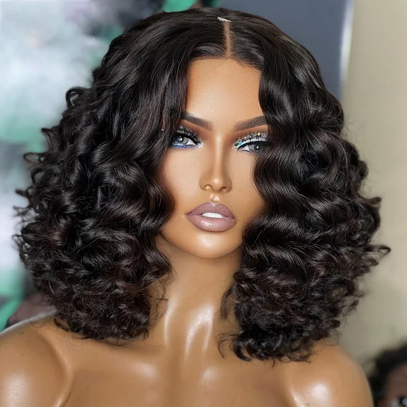 Мягкий бесклеевой парик 180Density Short Cut Bob Natural Black Curly Deep Wave Lace Front Wig For Women With Baby Hair Preplucked Daily