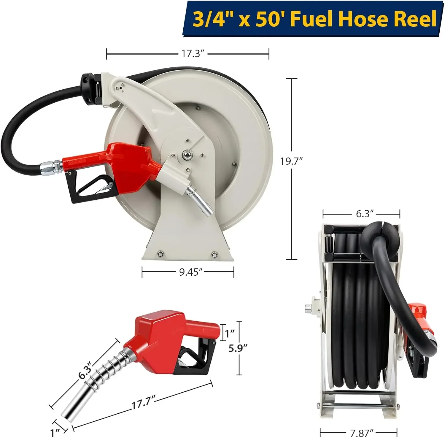 Fuel Hose Reel Retractable 3/4'' 50ft with Fueling Nozzle, Diesel Fuel Hose Reel, Auto Spring Driven Diesel Hose Reel, 300 PSI