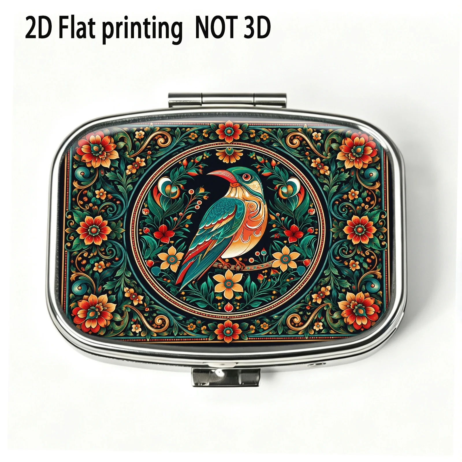 Single piece, flat, vintage carved photo frame, with colorful parrot and floral patterns, square small pill box, portable medicine organizer