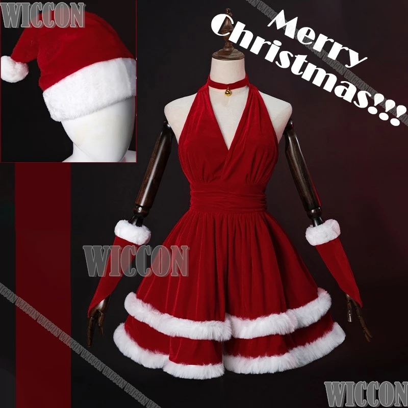 2024 Christmas Santa Cosplay Costume Red Velvet Dress Hat Gloves Choker Adult Women Girl Halloween Party Roleplay Set Customized