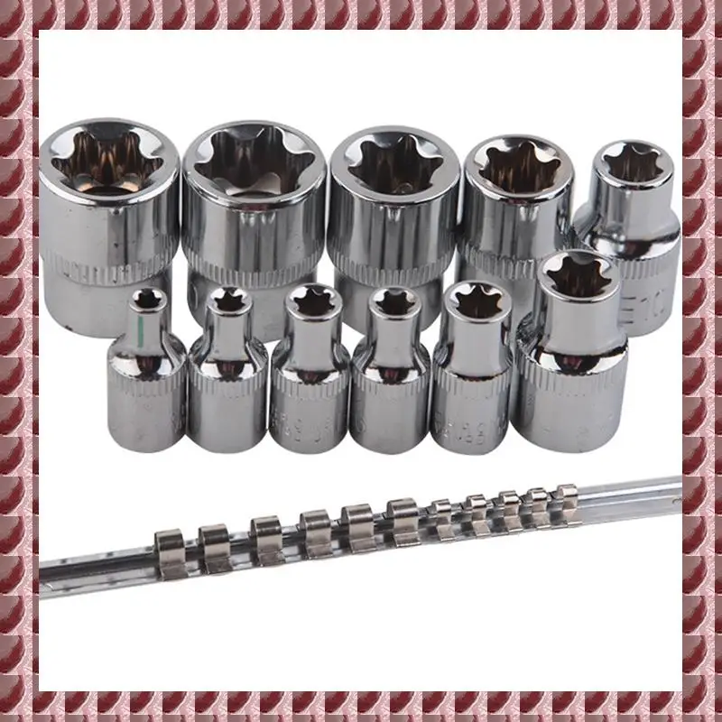 

Female E-TORX Star Socket Set With Rail 11 Pcs Female External Star Socket Set E4 - E20 Torque Socket Set Alloy Steel Silver