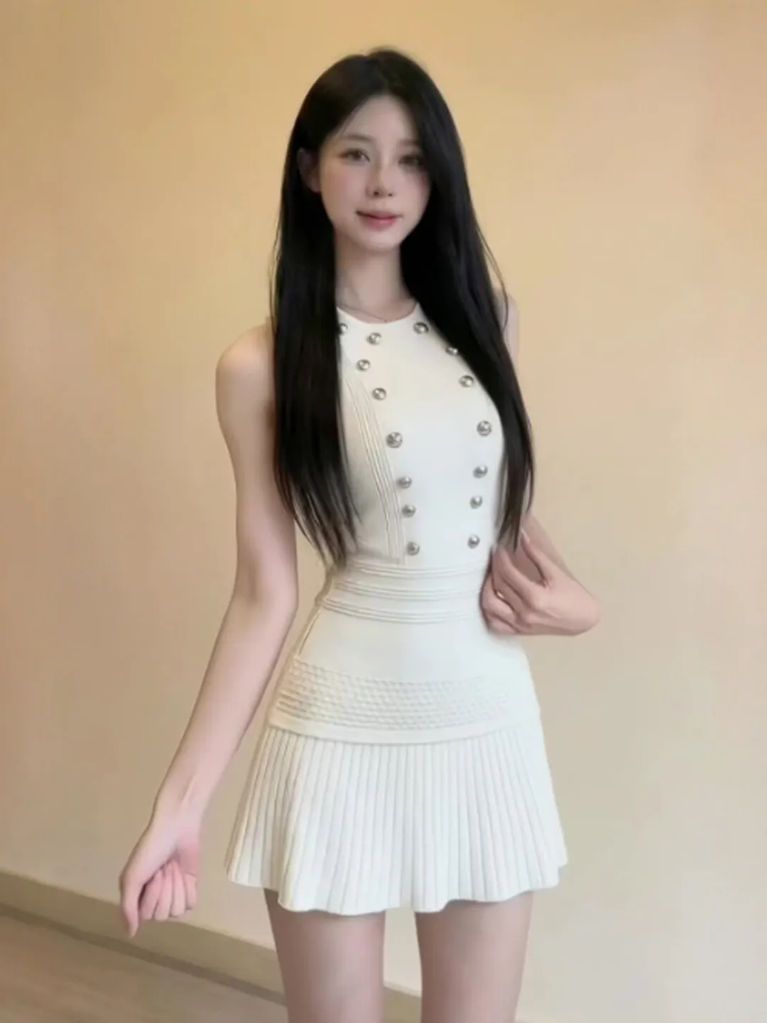 

Комплект из мягкой вязаной кофты и юбки в корейском стиле, летний модный комплект из двух предметов, женское удобное хлопковое платье с круглым вырезом и короткими рукавами