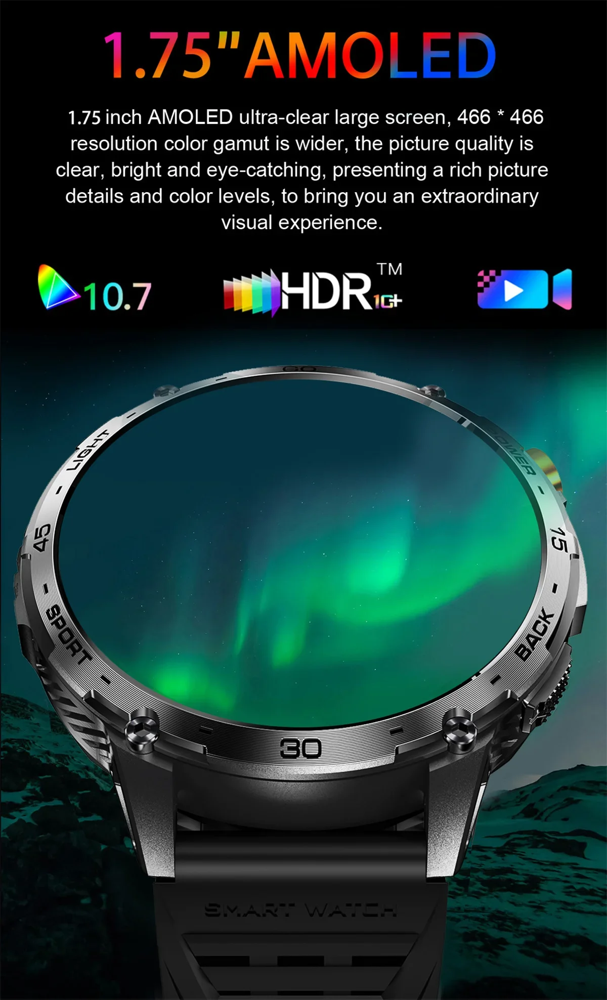 Gaines K69 Smart Watch 1.75inch Amoled Screen LED Flashlight Men Bluetooth Call Sports Fitness Tracker Health Monitor Smartwatch