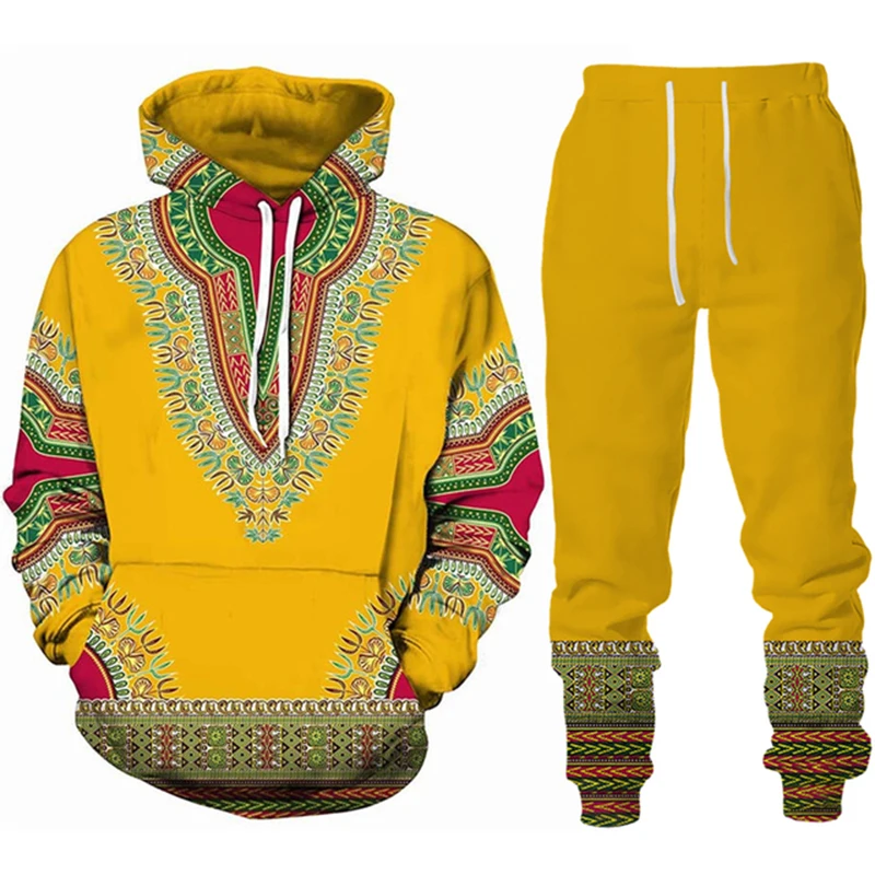 Men's Tracksuit African Dashiki Hoodie Suit Casual 3D Printed Ethnic Style Sweatshirt Pants Set Men Women Folk Custom Streetwear