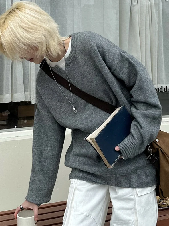 

American Retro V-Ne Pullover Knitted Sweater Loose Lazy Sle Color Men's Casual Top for Couples Autumn Season