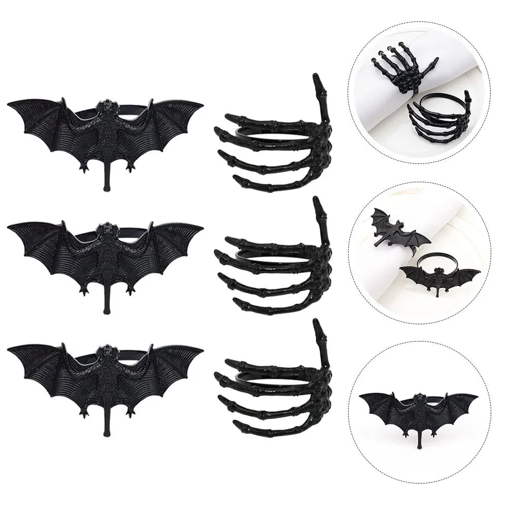 

6pcs Black Bat Palm Napkin Rings Halloween Party Decor Alloy Napkin Holder For Hotel Table Decoration Dinnerware Accessory