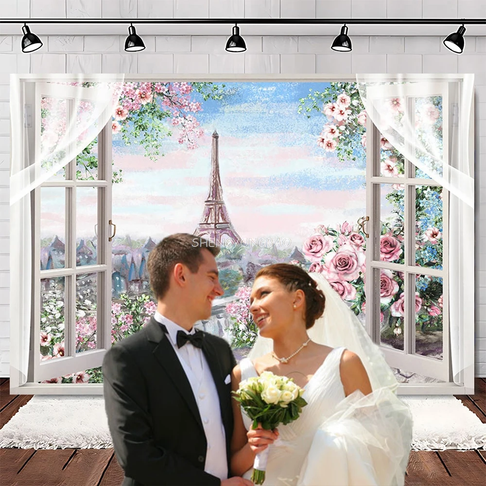 Perancis Paris Menara Eiffel Fotografi Latar Belakang Bunga Merah Muda Mawar Hitam Gadis Wanita Pesta Ulang Tahun Foto Studio Latar Belakang HG-01