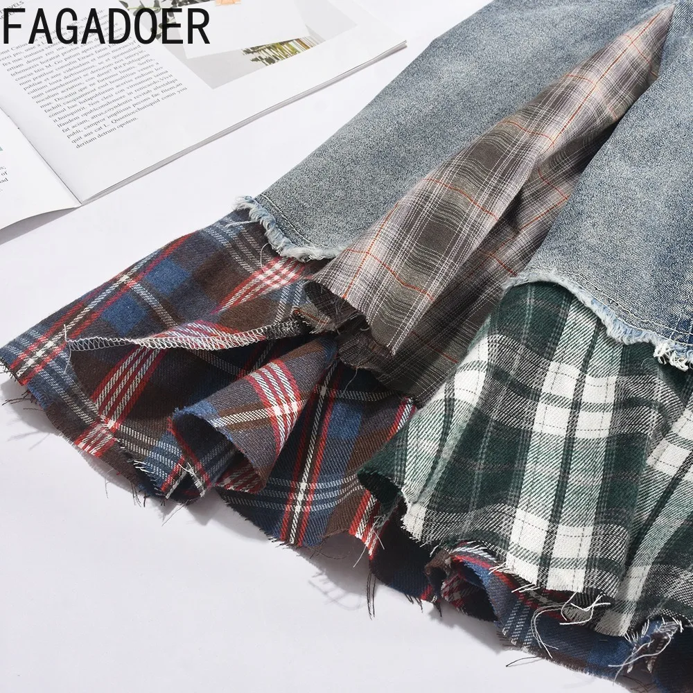 FAGADOER Fashion Y2K Plaid Splicing Irregular Denim Dresses Women Off Shoulder Sleeveless Backless Tube Dress Sexy Streetwear