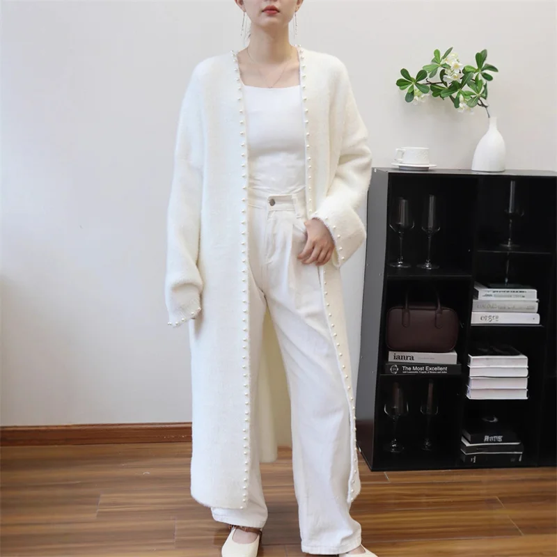 

2025 Fashion Beaded Faux Mink-velvet Knitted Cardigan Coat Women's Loose Long Sweaters Autumn Winter Streetwear V-neck Outerwear