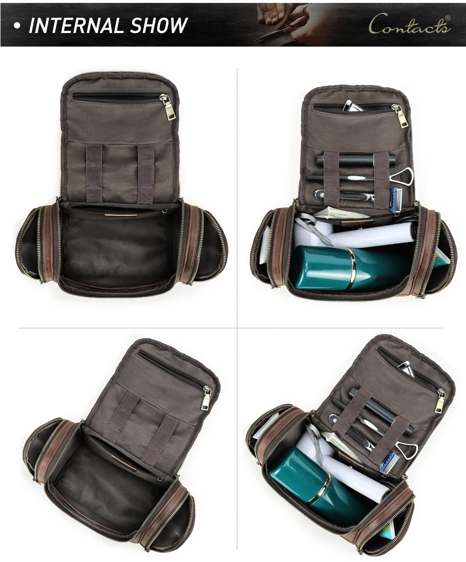 Männer Echtes Leder Reise Business Kulturbeutel Rasieren Tasche Frauen Retro Kosmetik Waschen Dusche Organizer Handtasche Große Kapazität – Detail 10