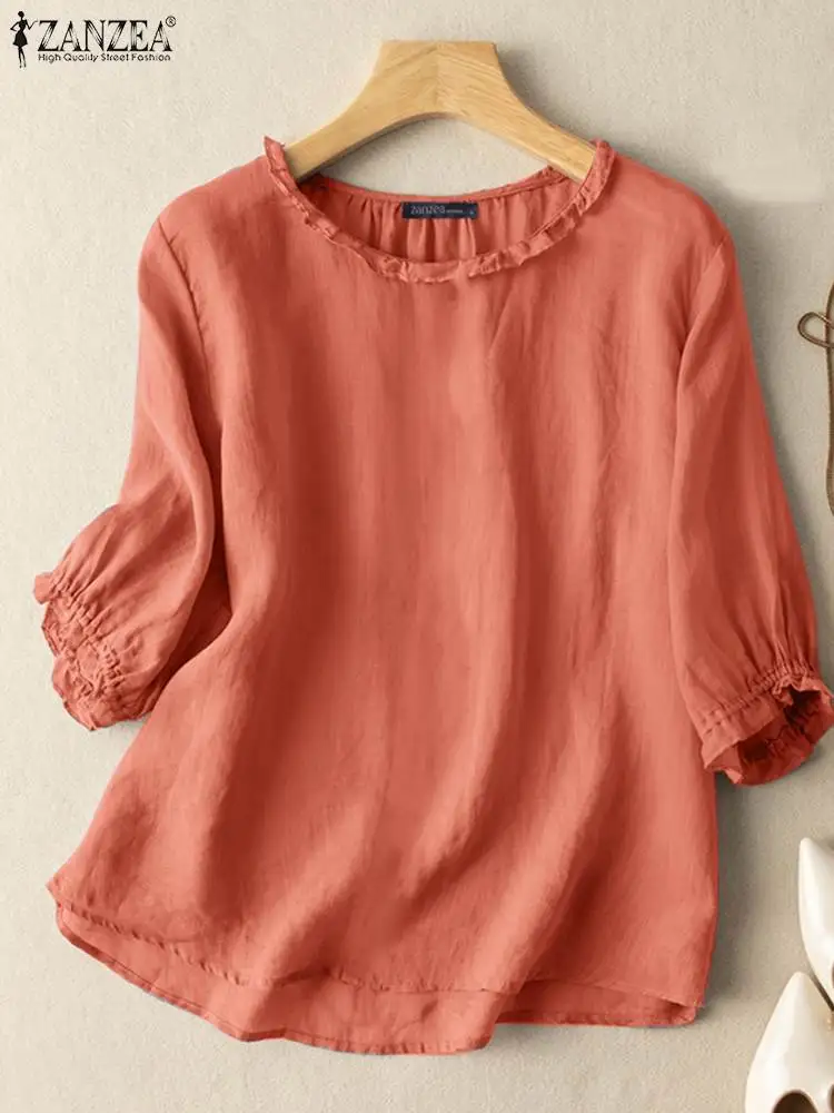 ZANZEA Summer Ruffles Casual Tops Vintage Solid Cotton Shirt Fashion Loose Work Blusas Oversize Women O Neck 3/4 Sleeve Blouse