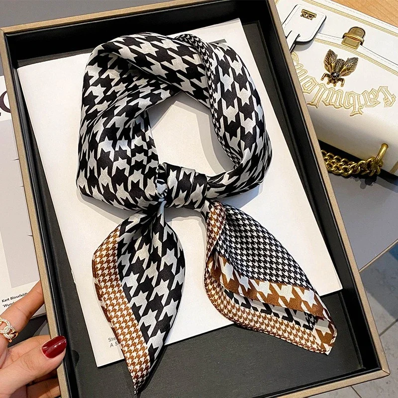 Luxury 100% Real Silk Scarf Women Houndstooth Print Designer Shawl Travel Wrap Vacation Elegant Scarves Femme Lightweight Hijab