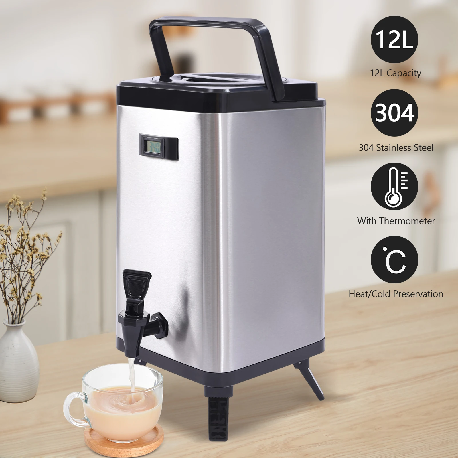 

12L/3.17Gal Insulated Beverage Dispenser, Stainless Steel Insulated Thermal Hot and Cold Beverage Dispenser with Thermometer