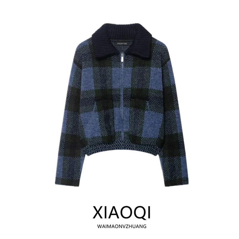 

Новое поступление осени 2022, женское вязаное клетчатое пригородное пальто с универсальным модным дизайном, длинное пальто на молнии