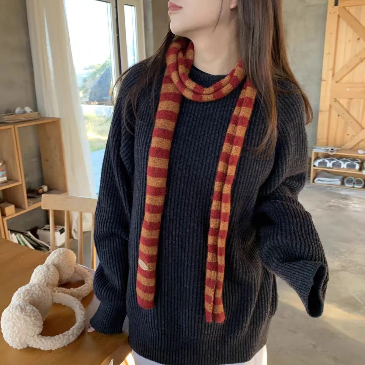 Long Striped Hip-Hop Niche Fashionable Knitted Scarf With Leather Label, Unisex Japanese Style Versatile Layered Neck Warmer