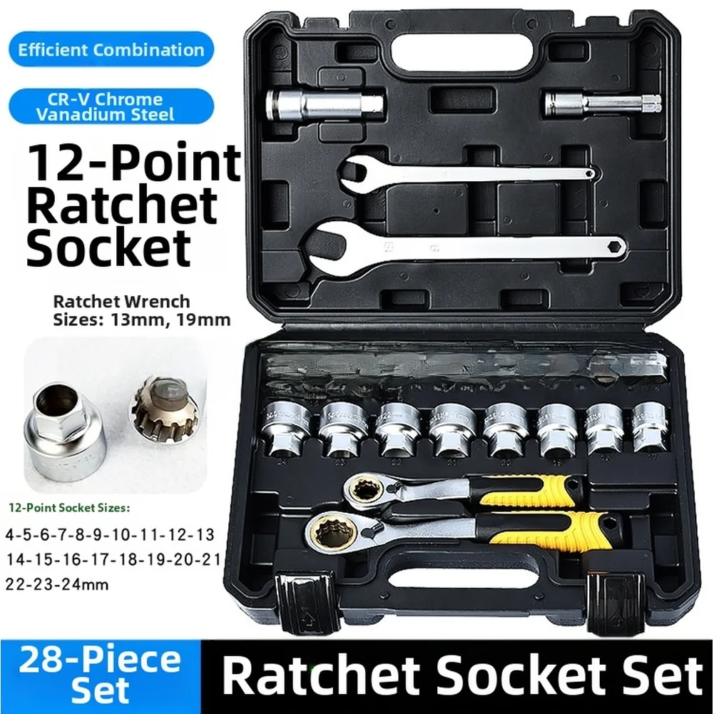 Chrome Vanadium Steel 28 Piece Ratchet Socket Set with Pass Through Capability for Mechanical Maintenance Tasks