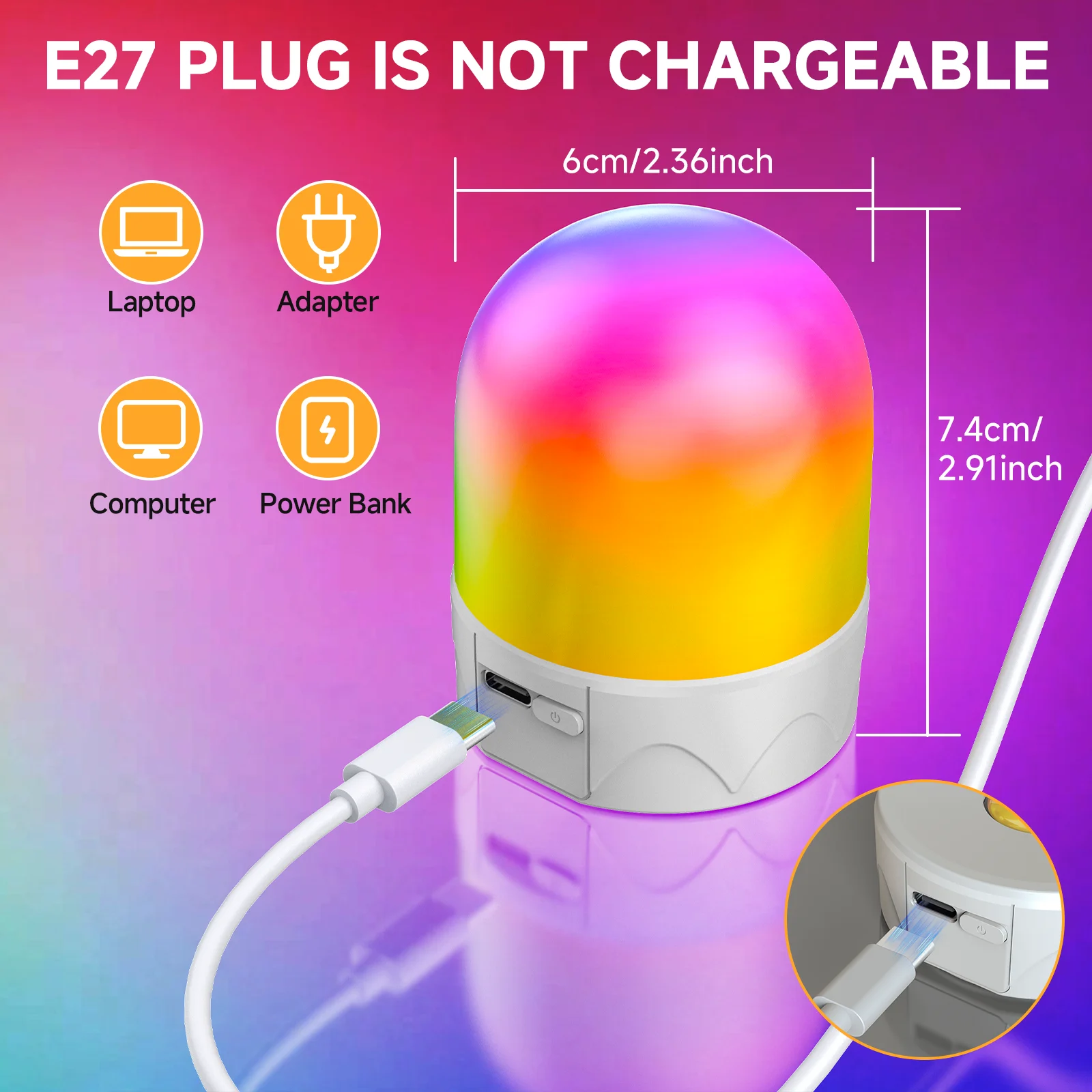 Żarówka RGB z możliwością ładowania, sterowana pilotem, E27, zasilana bateryjnie, do lamp ściennych i wiszących bez konieczności okablowania. — zdjęcie 3