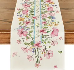Spring Watercolor Pink Flowers Linen Table Runner Holiday Party Decor Reusable Kitchen Dining Table Runner Wedding Decorations