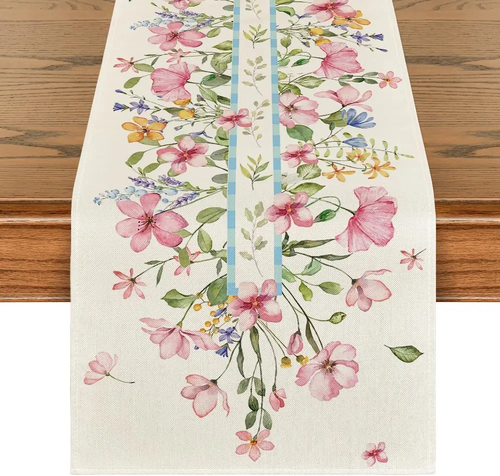 Spring Watercolor Pink Flowers Linen Table Runner Holiday Party Decor Reusable Kitchen Dining Table Runner Wedding Decorations