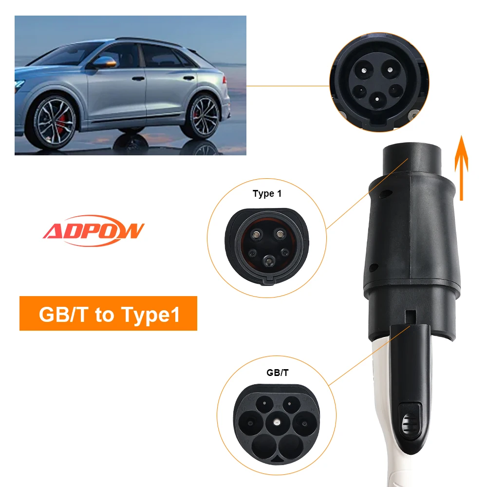 ADPOW GBT To Type1 Adapter 32A 7.2kw GB/T Female Plug with Type 1 Female Converter J1772 Electric Car For Ford Chevrolet Tesla