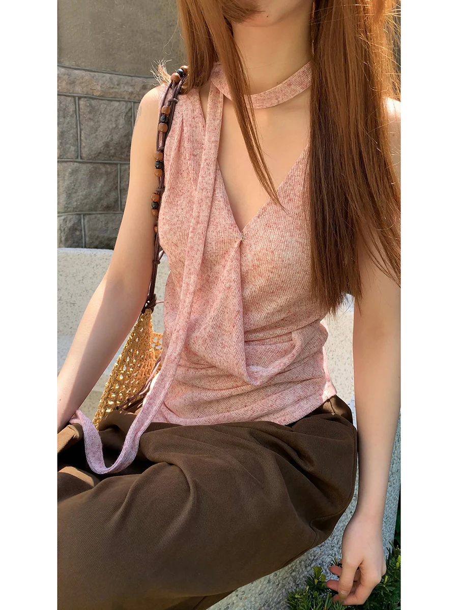 Red Celebri Store Gilet à bretelles pour vêtements d'extérieur d'été pour femmes Svel Ne suspendu haut de gamme rose Colorway Commute Sle Polyeste...