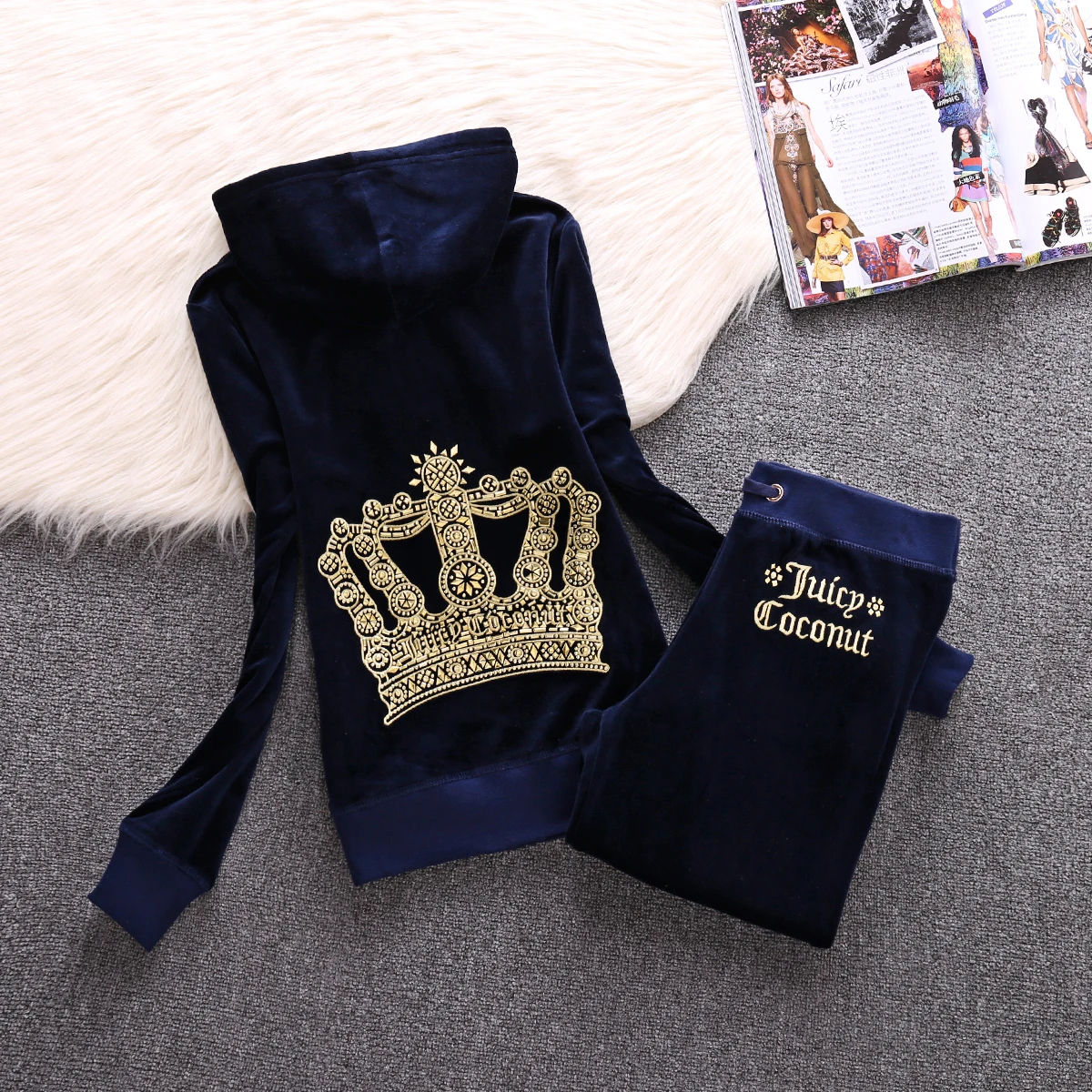 Velvet Tracksuit 2025 Designer New Crown Sequin Embroidered Casual Sportswear Suit Hooded Sweatshirt Women 2pc Embroidered Suit