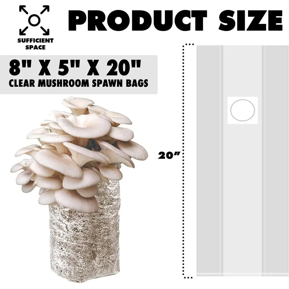 60-Pack Large 8x5x20 Autoclavable Mushroom Grow Bags Bulk with Microporous Filter Patches, Extra Thick 80 Micron (3 Mil), Mushro