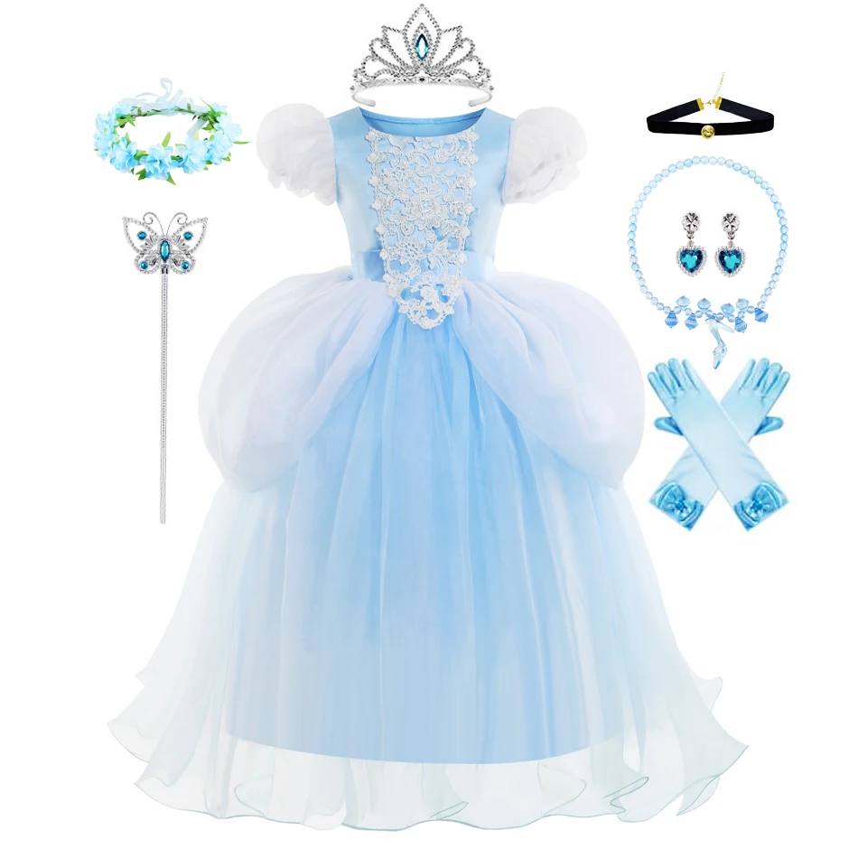 New Cinderella Lace Mesh Princess Dress Kids Christmas Dress blue Ball Gown Birthday Queen Cosplay Clothing Puff Dresses
