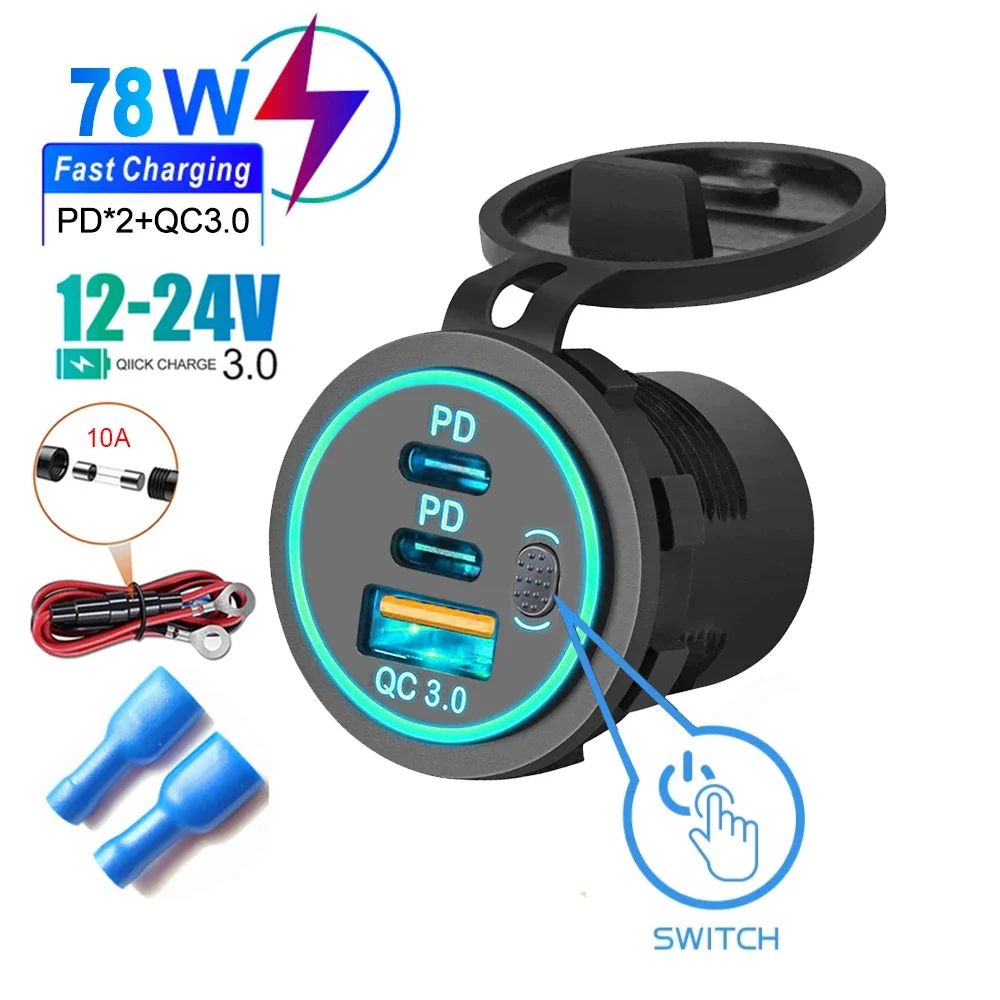 Schnellladegerät QC3.0 + PD Autoladegerät Buchse 78 W Doppelter USB-Anschluss Typ C Drei Ports Netzteil mit Schalter Universell wasserdicht