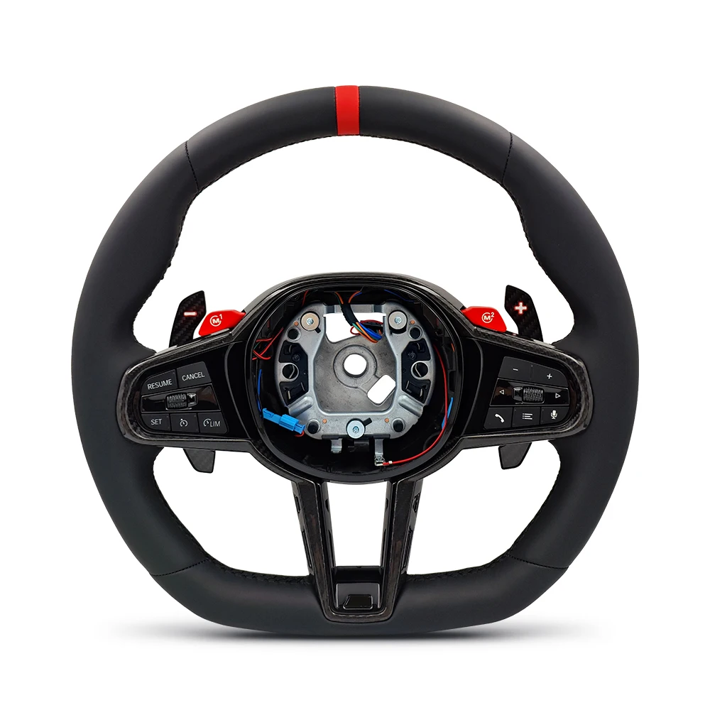 With M1 M2 Button RED Top Stripe LCI Steering Wheel for BMW X5 G05 X6 G06 G20 G22 G30 M2 G87 M3 G80 M4 G82 G42 M5 F90 F97 M340i