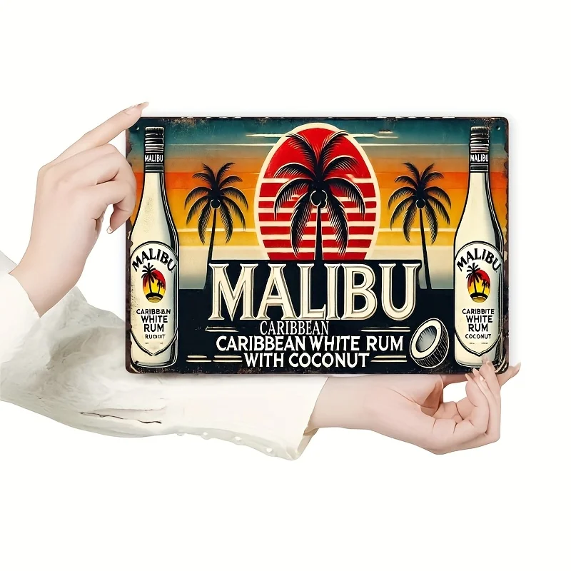 2DFlat, Malibu Caribe White Rum MetalWall Art Tin Logo con diseño de Palm de coco duradero y fácil de colgarCocina, Bar, cueva para hombres,