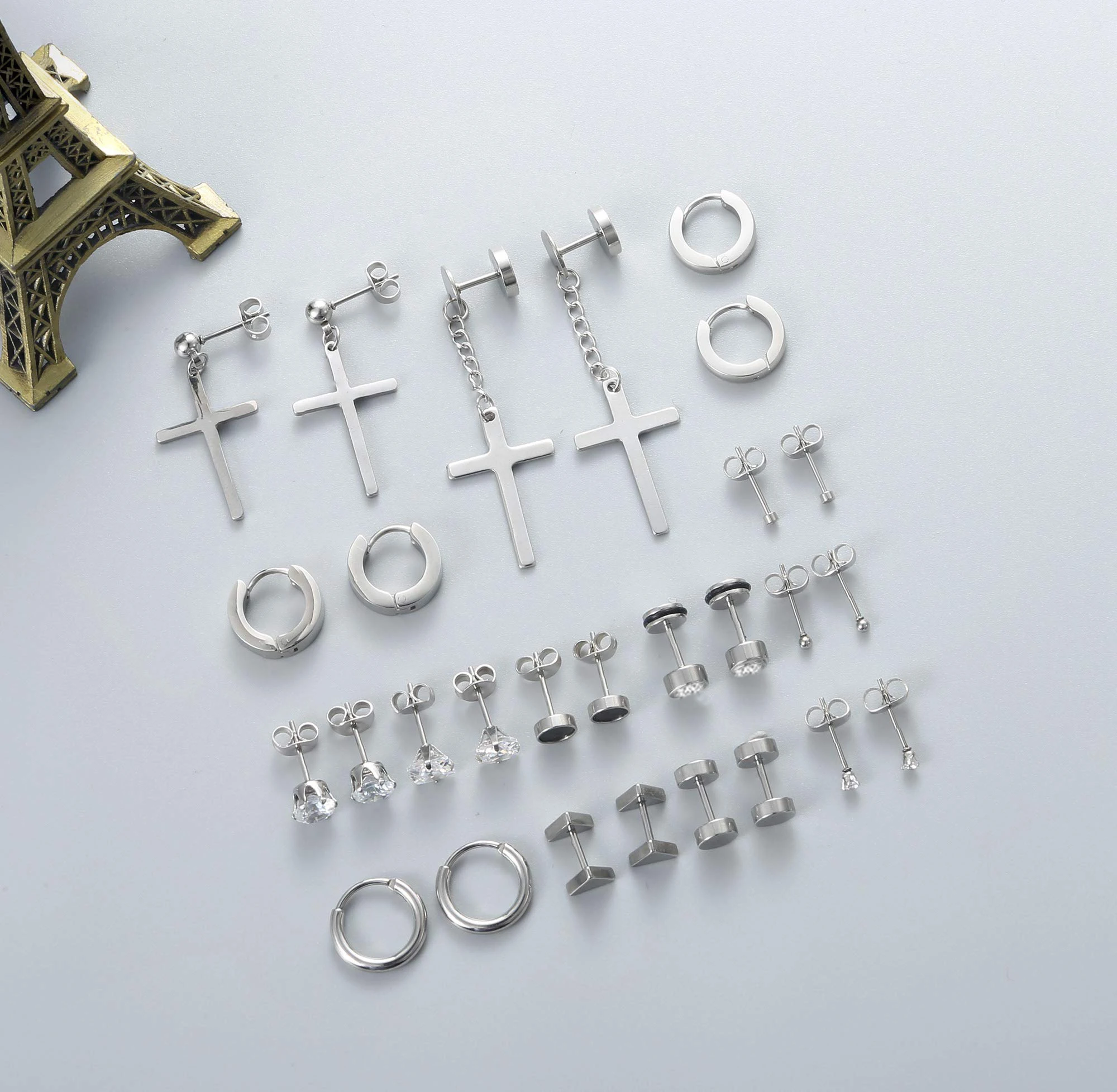 1〜14ペアのステンレス鋼の小さなイヤリング,男性用のフード付きイヤリング,クロスデザイン,ヒンジ付きイヤリングのセット,シルバー