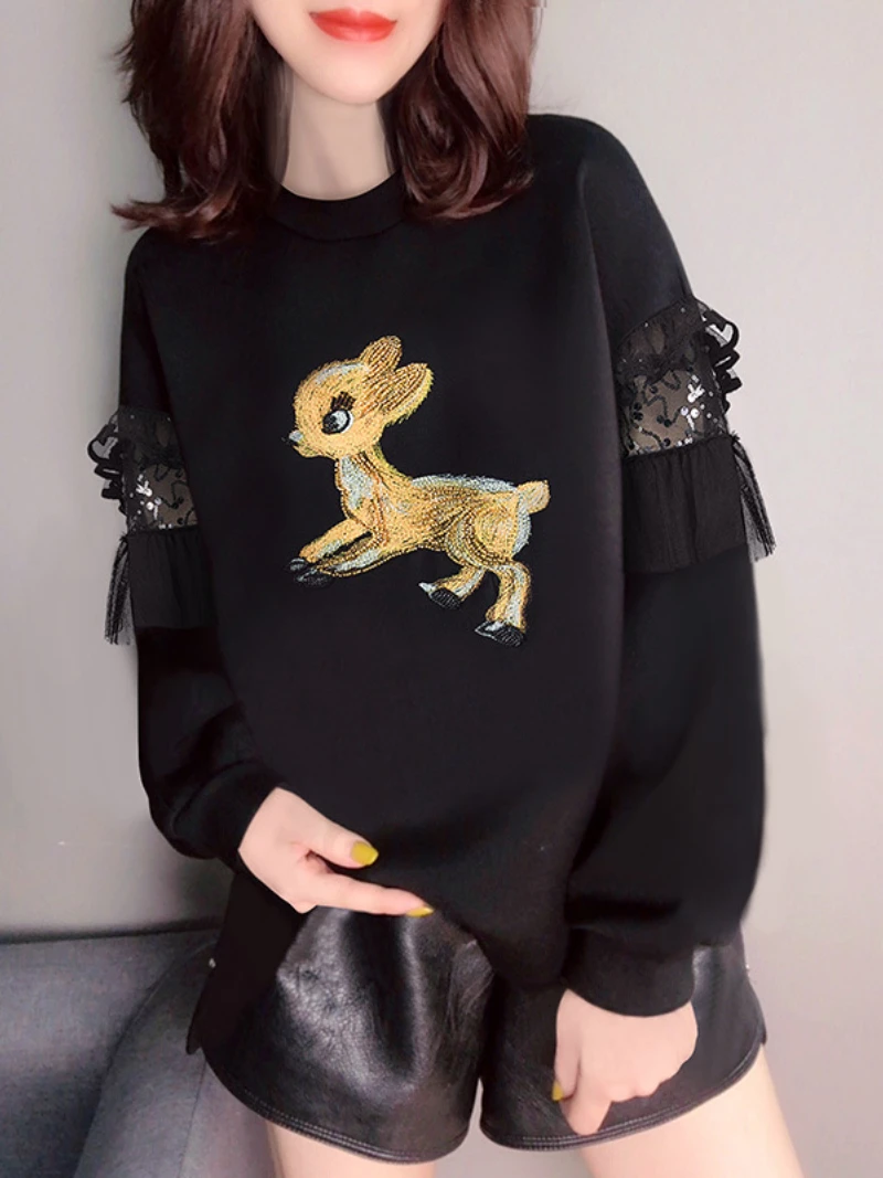 New Women Hoodie Fashion Loose Black Short Wild Deer Pullover Outdoor Leisure Sports Long-sleeved Top