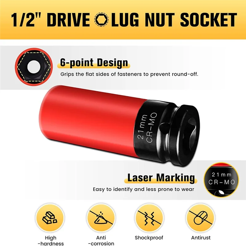 

AT63-1/2" Drive Wheel Protector Impact Socket 21Mm Lug Nut Socket Color-Coded Protective Socket
