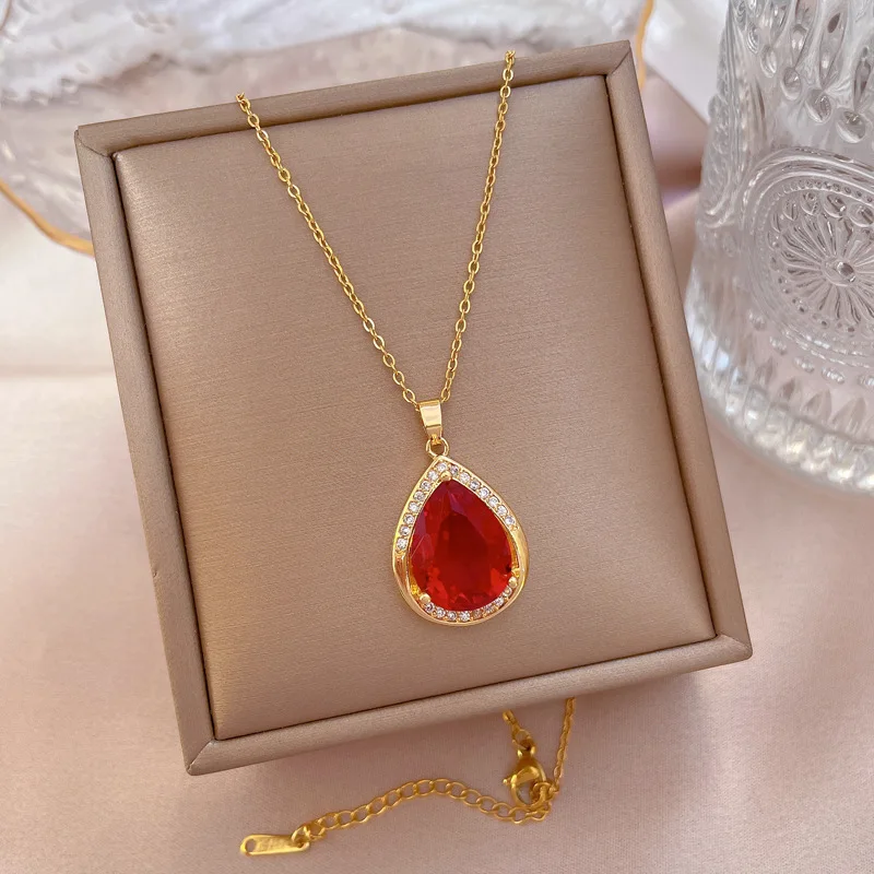 OIMG Stainless Steel 2022 New Red Big Gem Pendant Necklace For Women Clavicle Chain Elegant Charm Wedding Luxury Jewelry