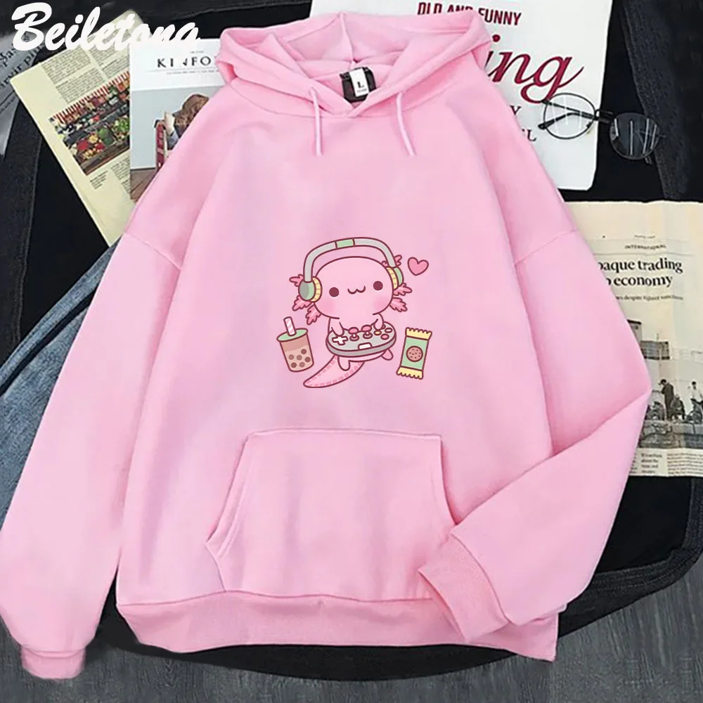 Cute Axolotl Loves Playing Video Games Funny Hoodies Kawaii Cartoon Woman Sweatshirts Winter Long Sleeve Fashion Cloth Pullovers