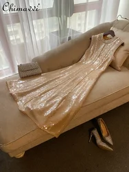 Fashion High-end Luxury Beads Heavy Sequined Elegant Apricot Dress Spring and Autumn New Sleeveless Round Neck Slim Party Dress