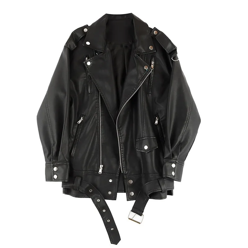 

OFTBUY Women's Motorcycle Faux Leather Jacket Leather Top New Coats and Jackets Luxury Leather Neck Oversize Leather Jacket