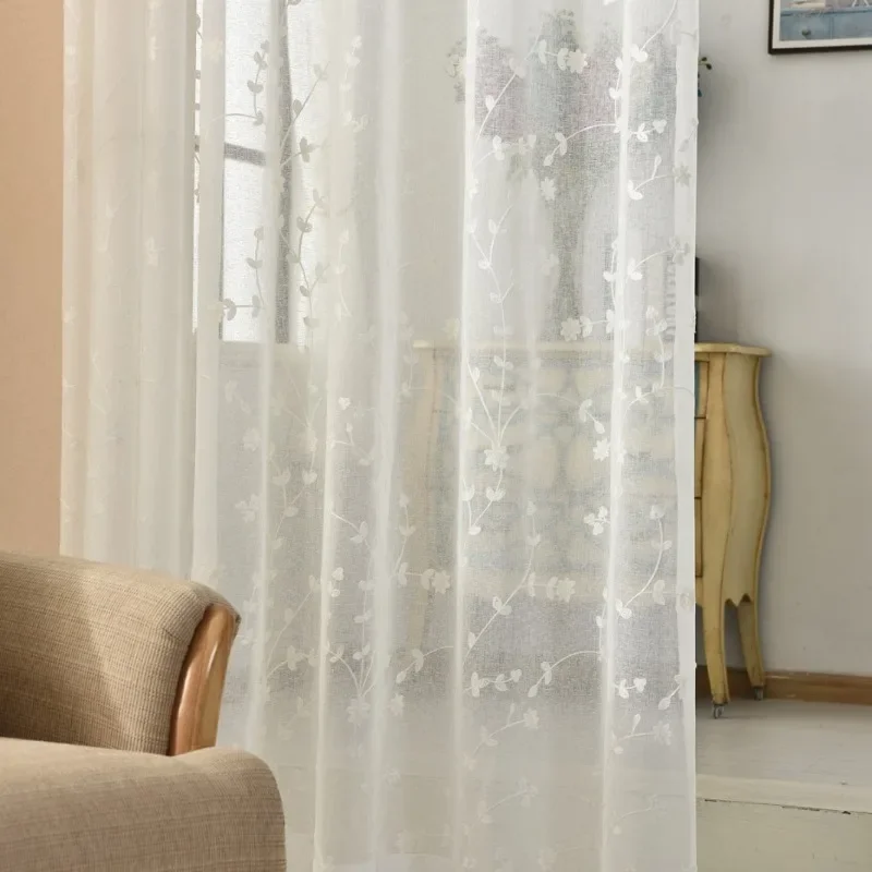 High-end Embroidered Sheer Curtains Modern Korean Style Pastoral Embroidery Living Room Bedroom Floor-to-ceiling Curtains