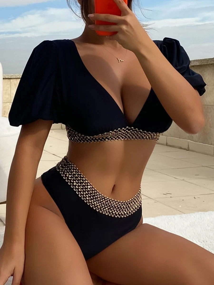 

2024 V-neck Short Sleeve Sexy Tankini Swimsuit Women High Waist Swimwear Female Padded Bathing Suit Swimming Beachwear Summer