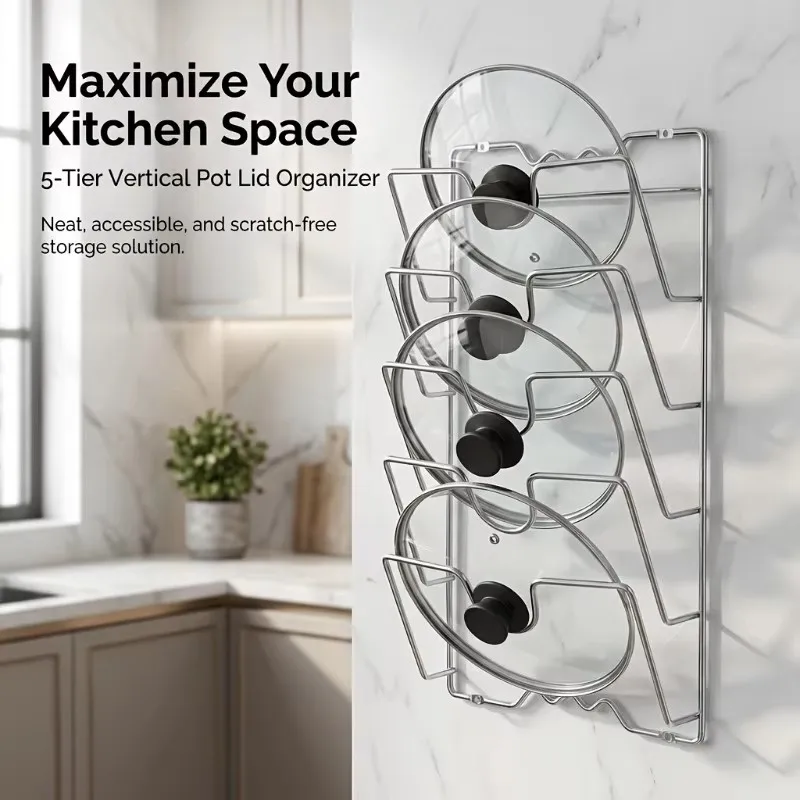 1 PCS Large-Sized Wall Mounted Pot Lid Storage Rack, Stainless Steel Kitchen Shelf, Saves Space, For Pot Lids and Cutting Boards
