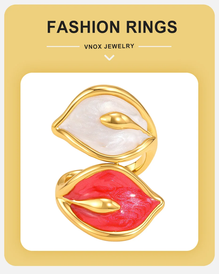 Vnox Trendiger Geometrischer Großer Lippenring, Übertriebener Retro-Rot-Lippen-Offener Ring für Frauen, Mehrfarbiger Emaille-Fingerring, Partyschmuck – Detail 1